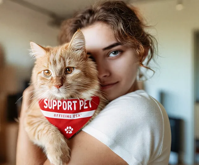 Woman with official ESA cat wearing Support Pet vest