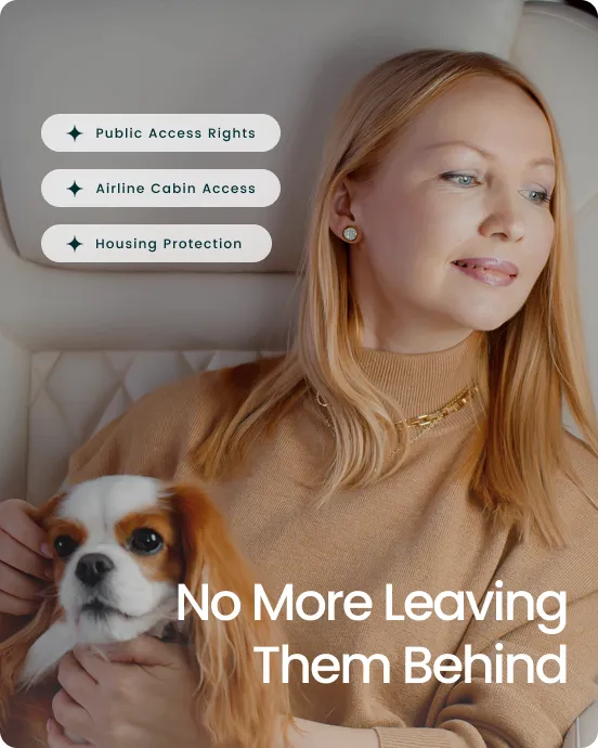 No More Leaving Them Behind &mdash; A woman in a car cradling her cavalier king charles spaniel, with badges reading Public Access Rights, Airline Cabin Access, and Housing Protection