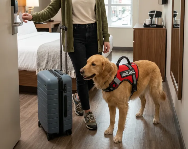 A handler with her golden retriever service dog wearing a red service-animal vest, standing beside a suitcase in a hotel room